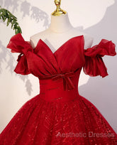 Gorgeous Red Tulle Ball Gown Off Shoulder Sweet 16 Dresses, Red Long Formal Dresses